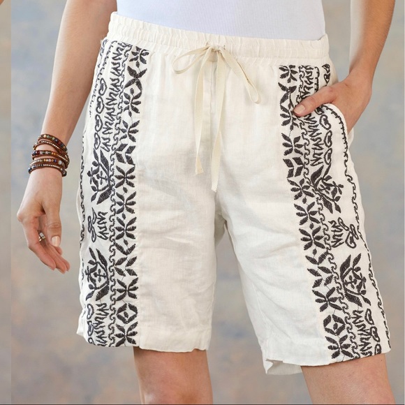 Johnny Was white linen shorts with dark blue embroidery.,All Products : American Fashion Style Bags On Sale